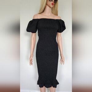 LULUS BLACK DRESS MIDI SMOCKED SMALL
